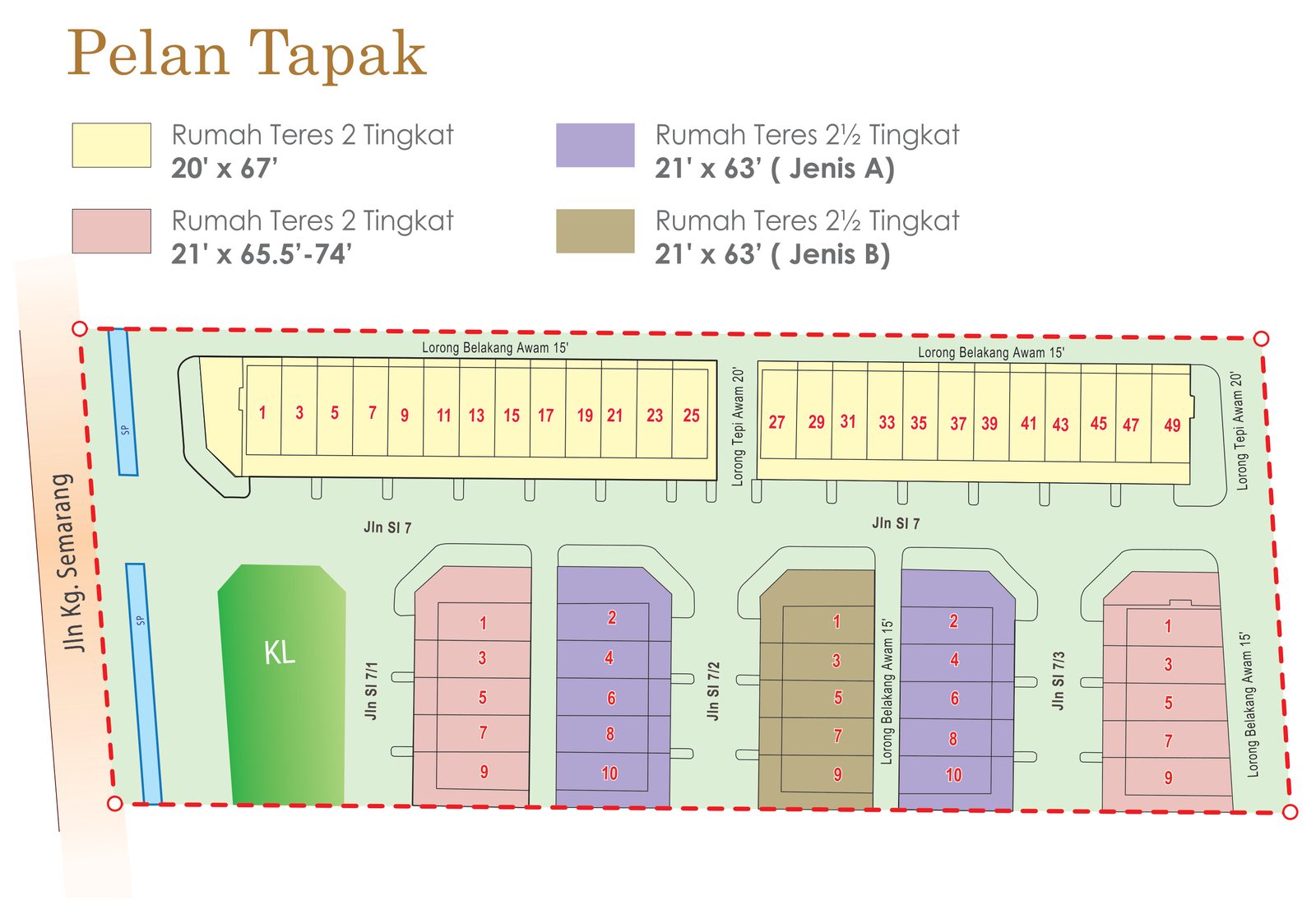 Pelan tapak fasa Lot 2752 Semarang Intan menunjukkan 25 lot teres 2 tingkat 20 kali 67 kaki, lot 21 kali 65.5 hingga 74 kaki dan lot teres 2½ tingkat Jenis A dan B di sepanjang Jalan SI 7