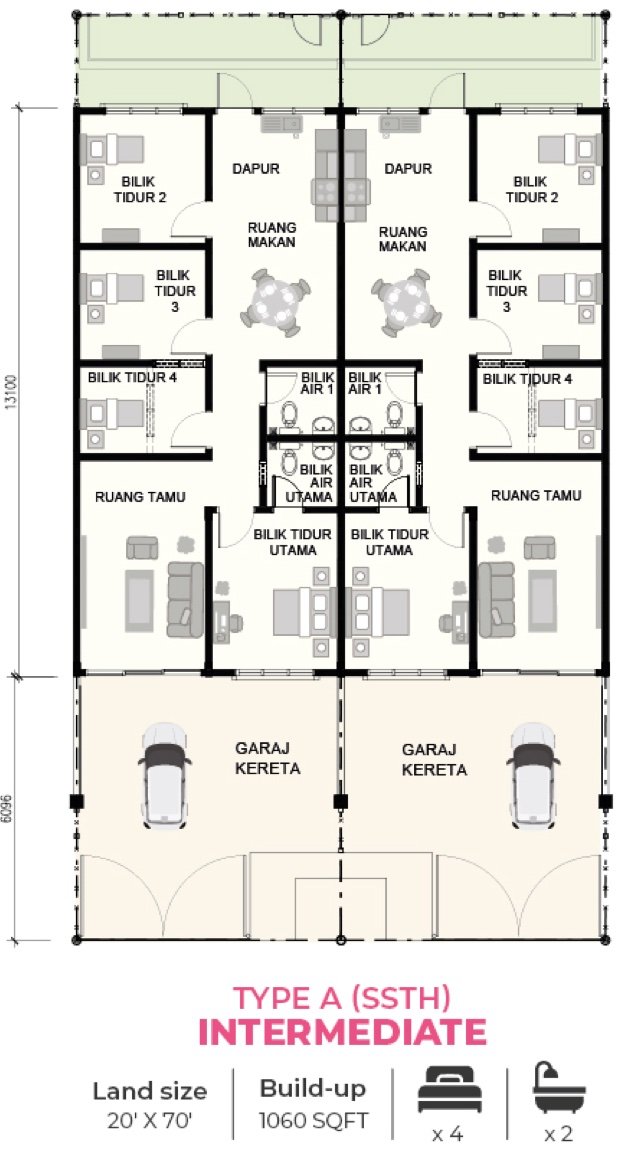 Pelan lantai rumah teres setingkat Jenis A: garaj kereta, ruang tamu, bilik tidur utama dengan bilik air, bilik tidur 2 hingga 4, bilik air, ruang makan dan dapur