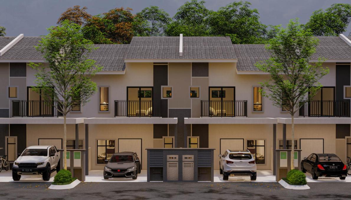 Gambaran fasad teres dua tingkat Taman Kebun Setawar daripada sales kit