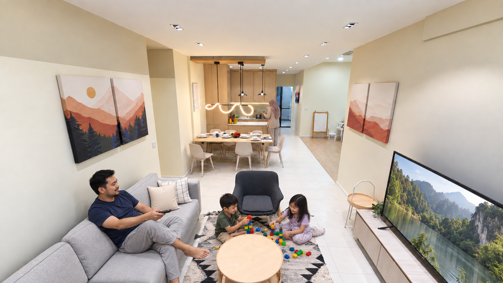 RSKU Setia Alam — Foto rumah contoh · suntingan AI pada keluarga & sofa