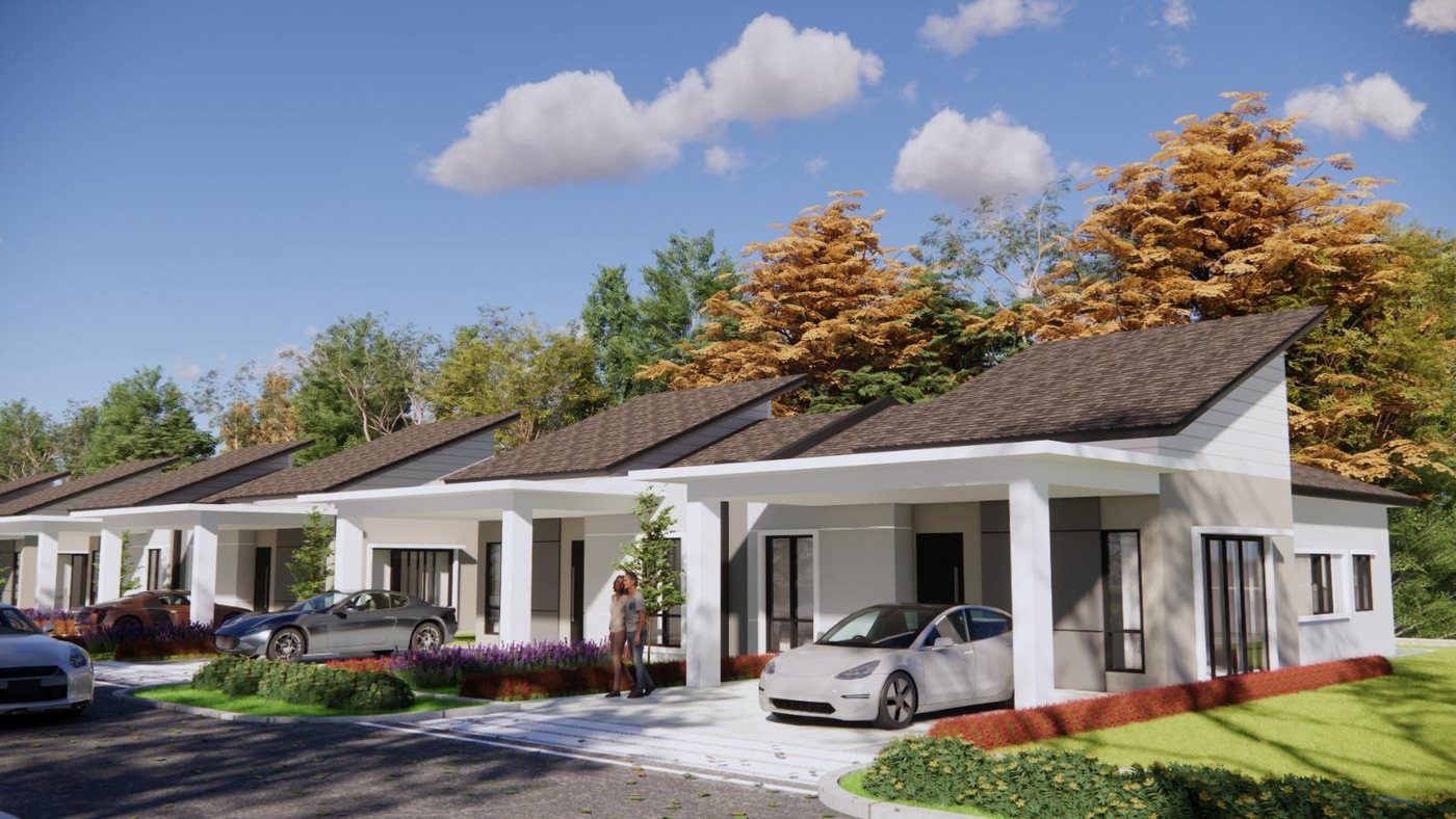 Lakaran artis rumah Semi-D setingkat Taman Salak Impian berwarna putih dengan anjung kereta