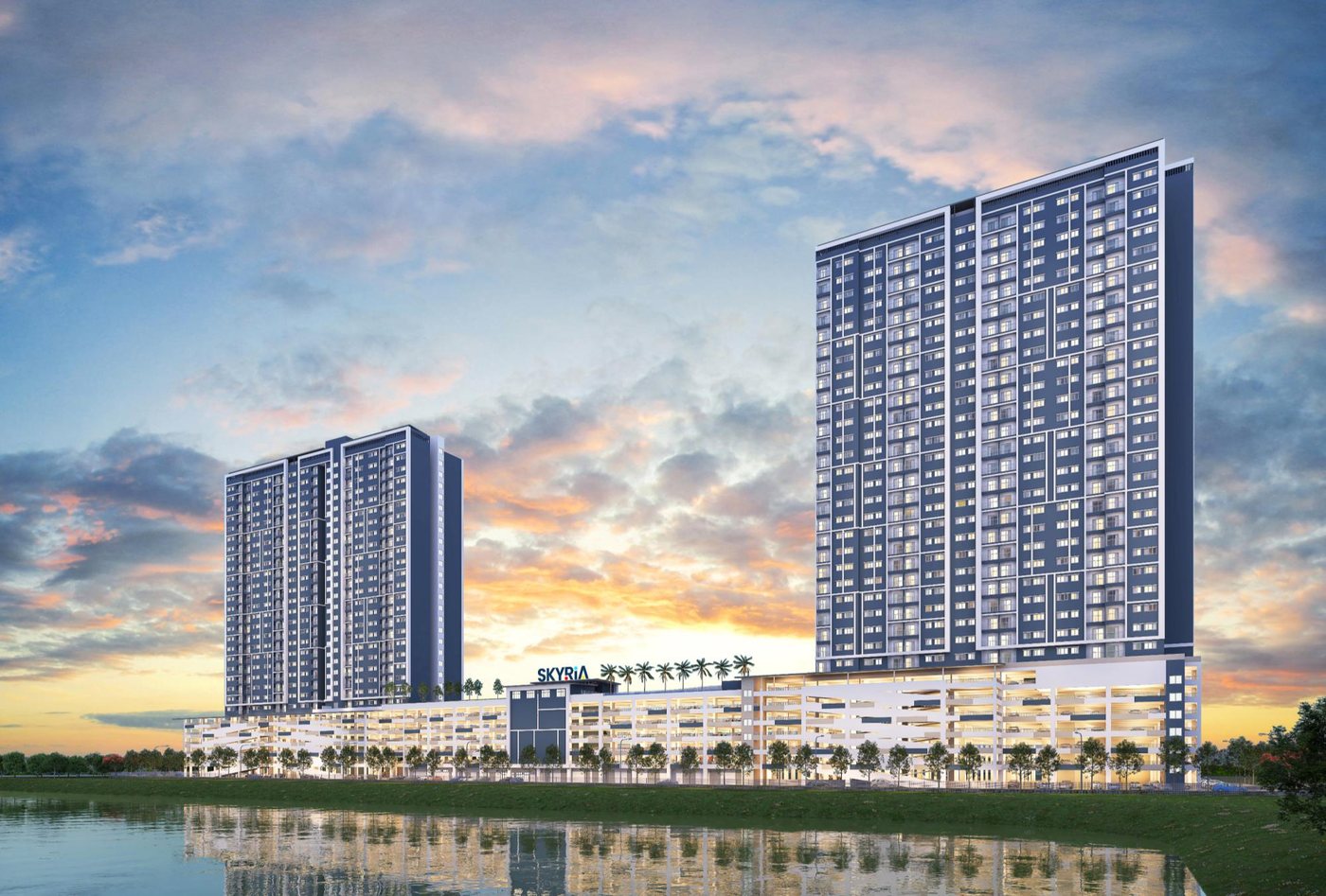 SkyRia — Puchong — Lakaran artis dua menara apartmen servis SkyRia di tepi tasik
