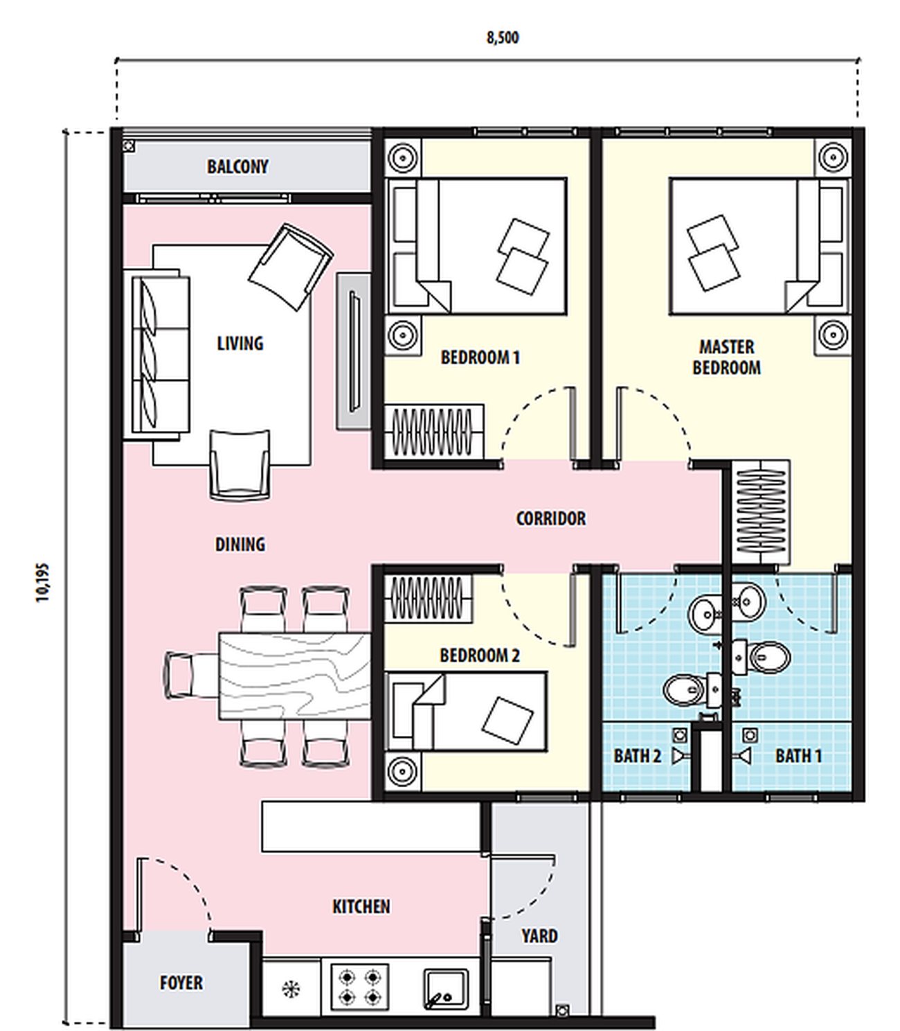 Pelan lantai SkyRia Type B 850 kps: foyer, dapur dan yard, ruang makan, ruang tamu dengan balkoni, bilik tidur utama, bilik tidur 1 dan 2, serta dua bilik air