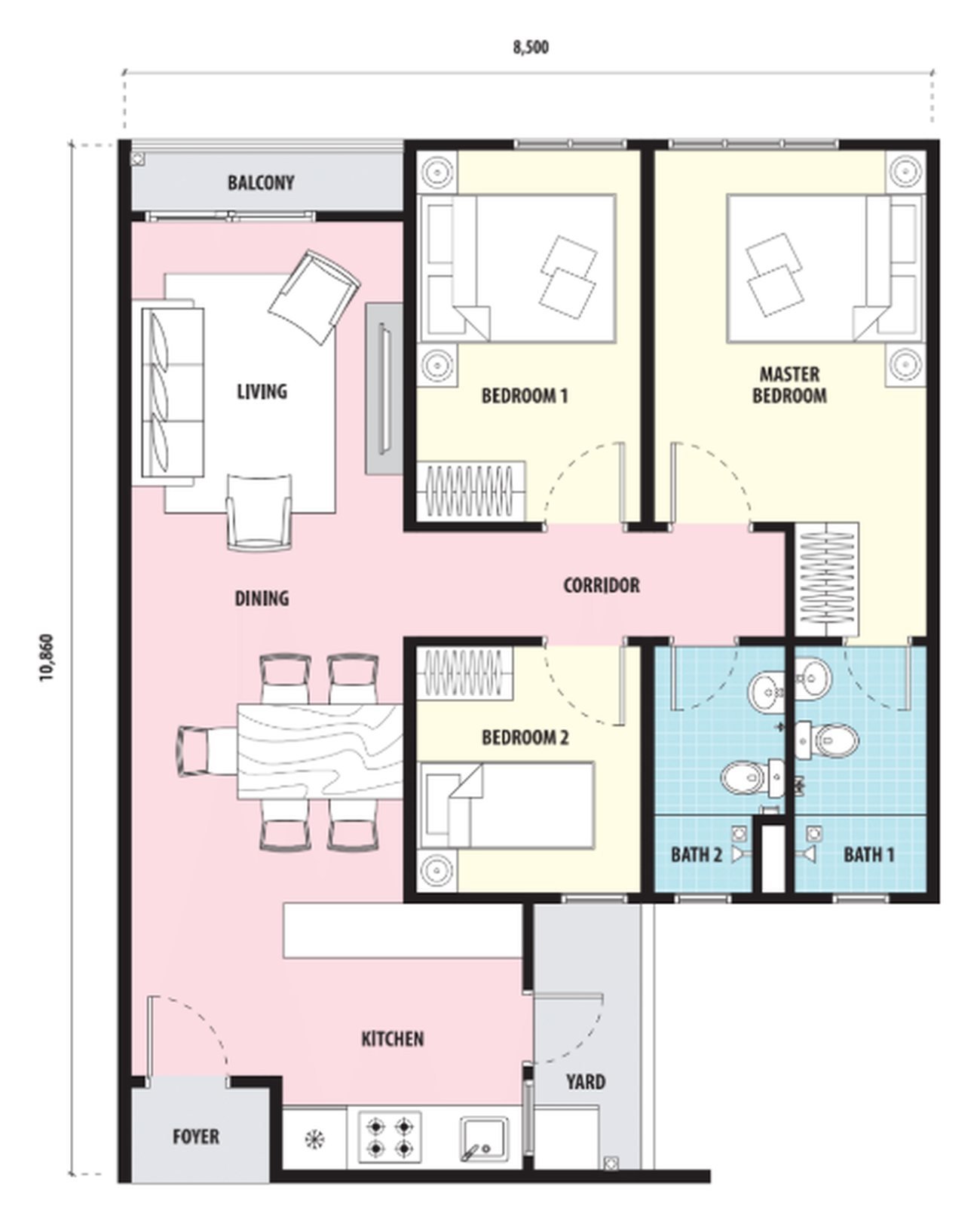 Pelan lantai SkyRia Type C 900 kps: foyer, dapur dan yard, ruang makan, ruang tamu dengan balkoni, bilik tidur utama, bilik tidur 1 dan 2, serta dua bilik air