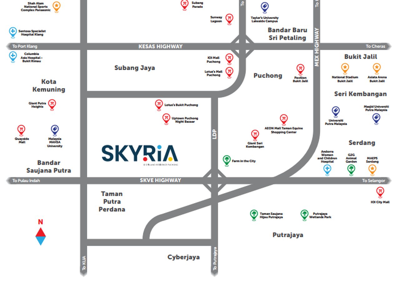 Peta lokasi SkyRia di antara Bandar Saujana Putra dan Puchong berhampiran Lebuhraya SKVE, LDP, KESAS dan MEX