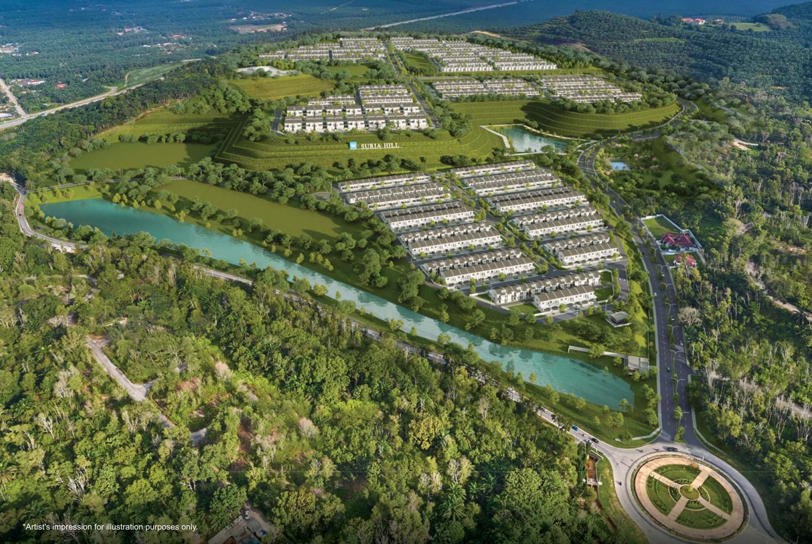 Lakaran artis pandangan udara presint Suria Hill di Puncak Alam yang dikelilingi hutan dan bukit, dengan deretan rumah teres dan tasik memanjang