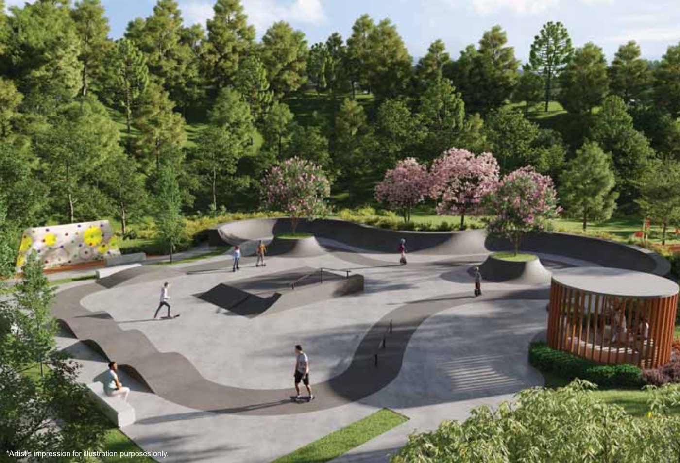 Lakaran artis skate park konkrit dengan dinding panjat di Suria Park