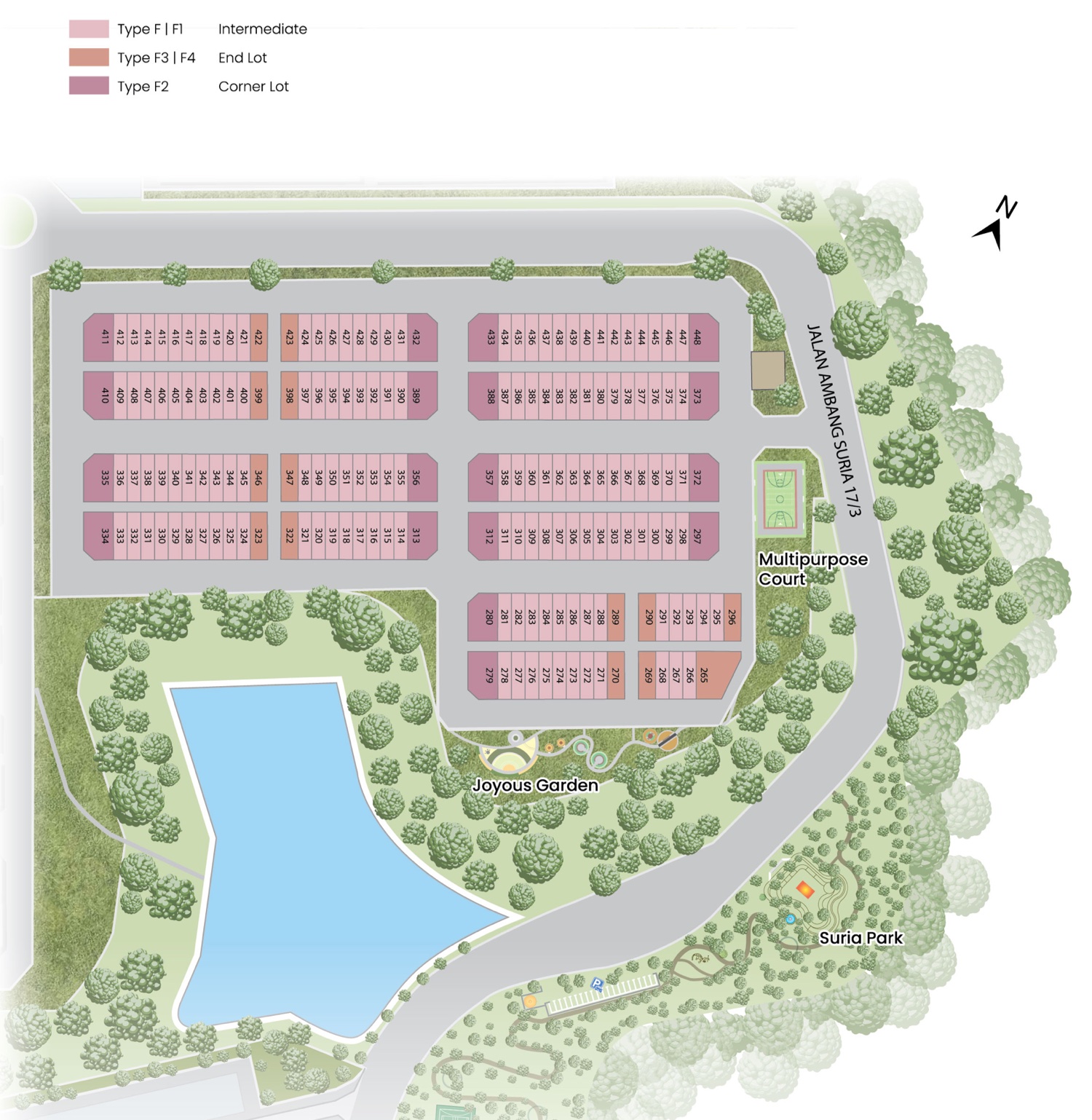 Pelan tapak Sovana menunjukkan deretan lot unit tengah, hujung dan penjuru, gelanggang serbaguna, taman Joyous Garden, kolam takungan dan Suria Park