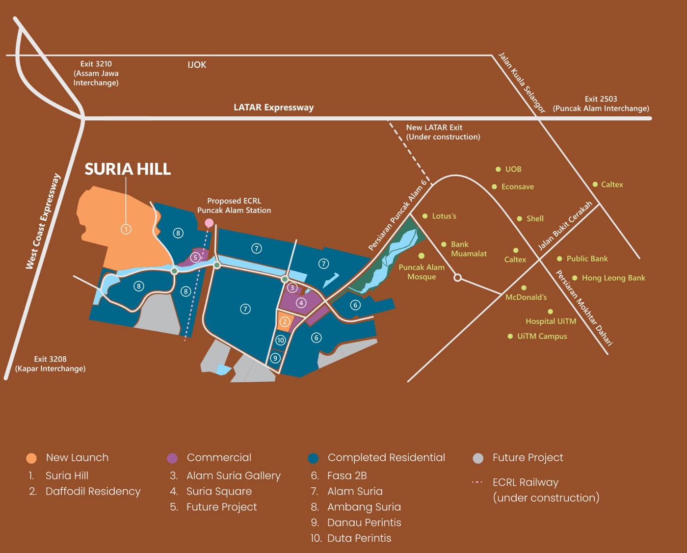 Peta lokasi tidak berskala menunjukkan Suria Hill, bandar Alam Suria, Lebuhraya LATAR, West Coast Expressway dan cadangan stesen ECRL Puncak Alam