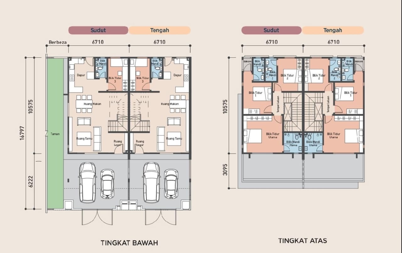 Pelan lantai rumah teres Taman Desa Permai: tingkat bawah dengan anjung kereta, ruang tamu, ruang makan, dapur, bilik tidur 3 dan bilik air; tingkat atas dengan bilik tidur utama, bilik tidur 1 dan 2, bilik air dan balkoni