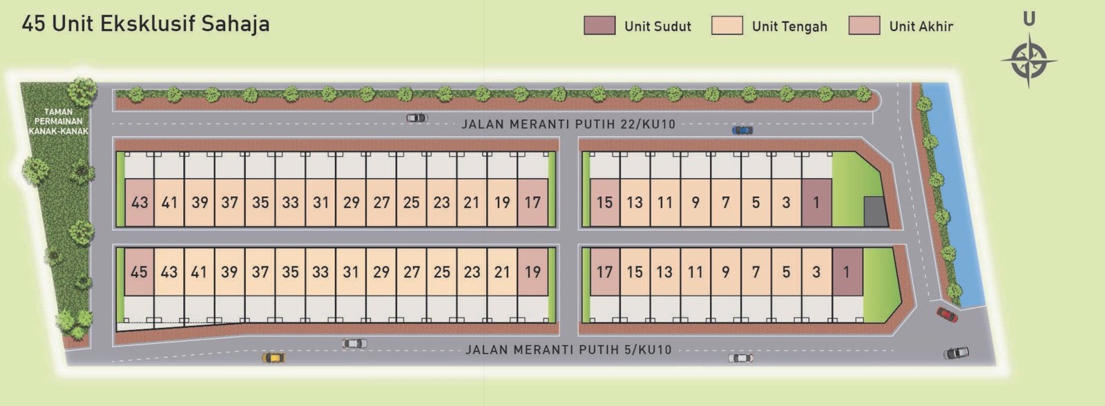 Pelan tapak Taman Desa Permai: 45 unit rumah teres dalam dua deretan antara Jalan Meranti Putih 22/KU10 dan Jalan Meranti Putih 5/KU10, dengan unit sudut, tengah dan akhir ditanda serta taman permainan kanak-kanak