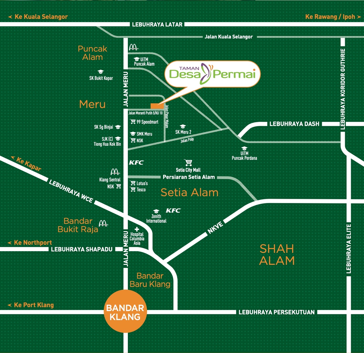 Peta lokasi Taman Desa Permai di Meru berhampiran Jalan Meru, Lebuhraya LATAR, Lebuhraya DASH, Setia Alam dan Bandar Klang