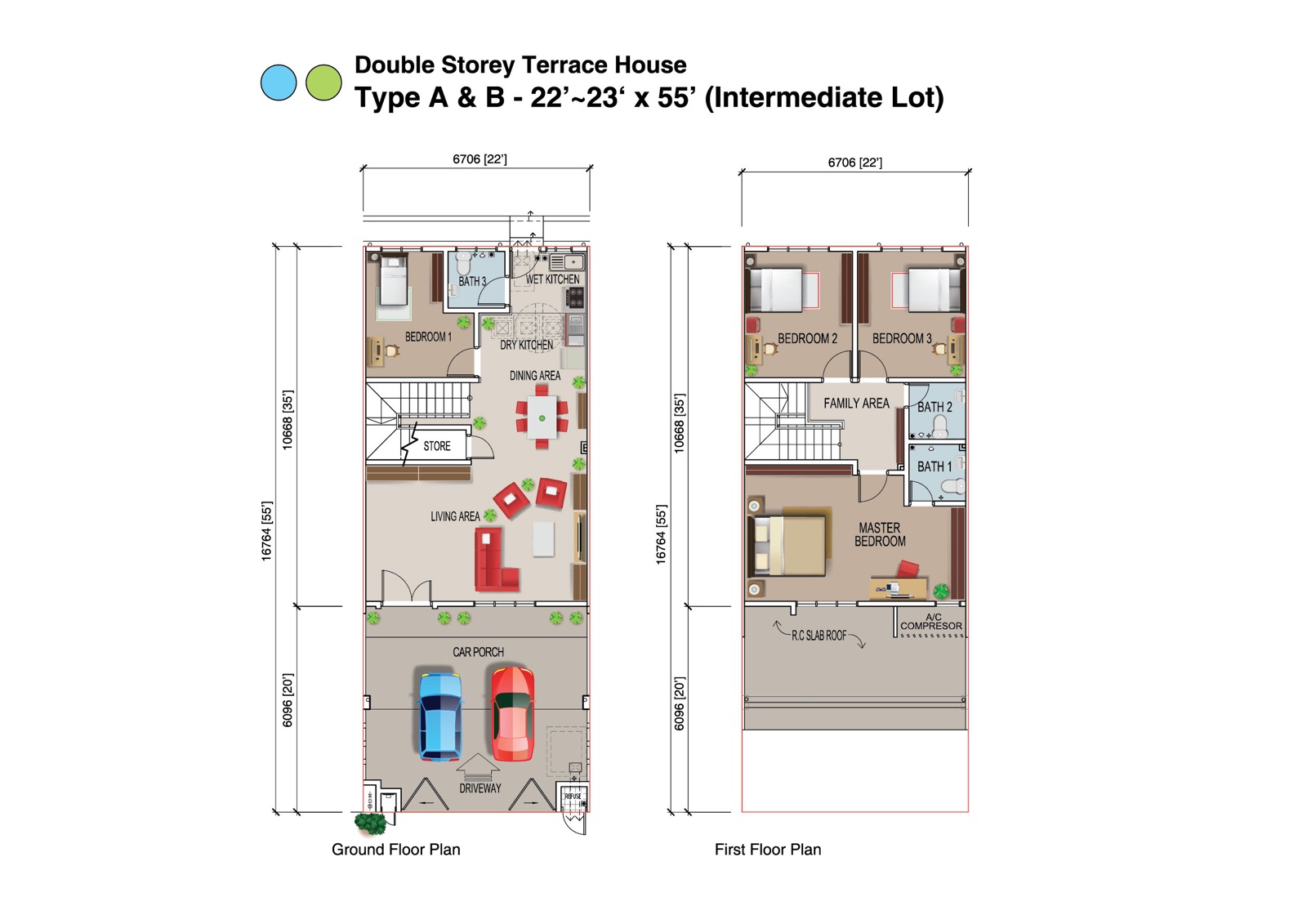 Pelan lantai lot tengah Taman Orkid: tingkat bawah dengan anjung kereta, ruang tamu, ruang makan, dapur kering dan basah, bilik tidur 1 dan bilik air; tingkat satu dengan bilik tidur utama, bilik tidur 2 dan 3, dua bilik air dan ruang keluarga