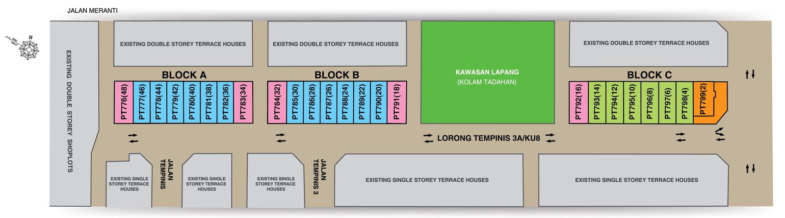 Pelan tapak Taman Orkid: Blok A, B dan C di sepanjang Lorong Tempinis 3A/KU8 dengan kawasan lapang di tengah dan rumah sedia ada di sekeliling