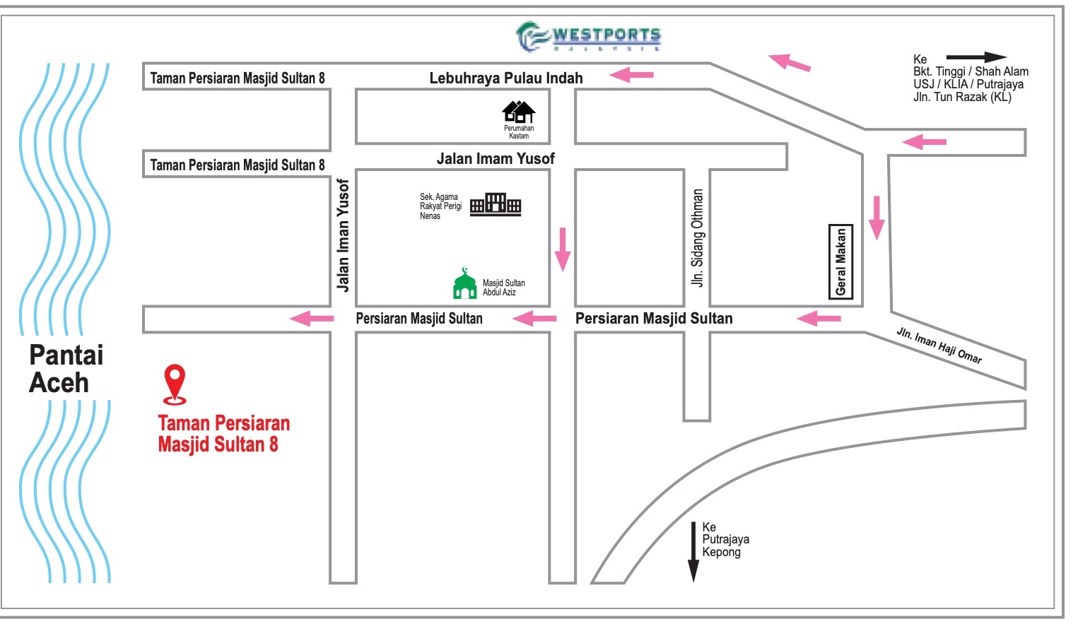 Pelan lokasi ringkas menunjukkan Taman Persiaran Masjid Sultan 8 berhampiran Pantai Aceh, Persiaran Masjid Sultan, Jalan Imam Yusof, Masjid Sultan Abdul Aziz dan Lebuhraya Pulau Indah ke Westports