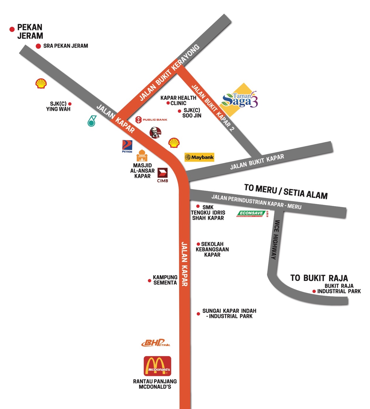 Peta lokasi Taman Saga 3 di Pekan Kapar berhampiran Jalan Bukit Kapar, klinik kesihatan, sekolah dan masjid