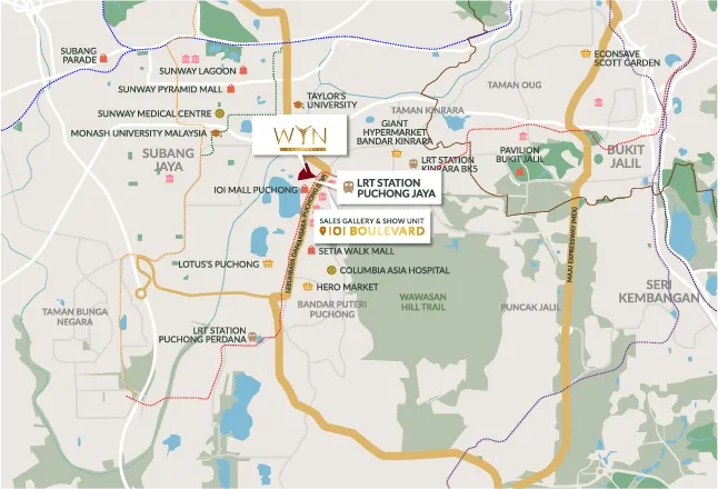 Peta The Wyn Residences, LRT Puchong Jaya, IOI Mall dan galeri di IOI Boulevard