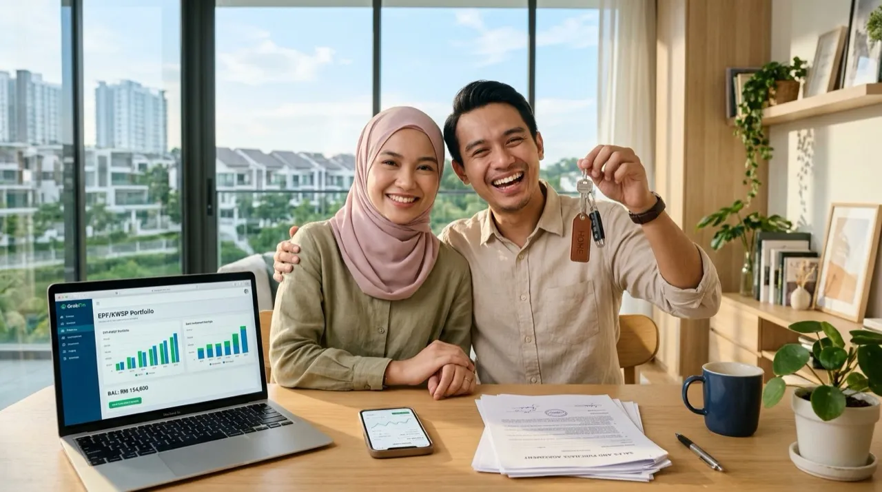 Pasangan muda menyemak aplikasi i-Akaun KWSP Akaun Sejahtera dan kunci rumah pertama Rumah Selangorku 2027 (Gambar hiasan dijana AI)