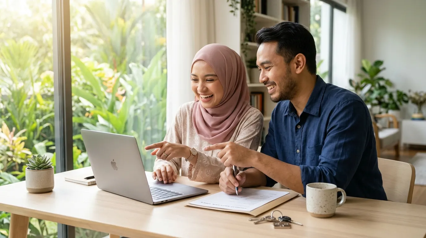 Pasangan muda mendaftar permohonan Rumah Selangorku di portal eHartanah LPHS (Gambar hiasan dijana AI)