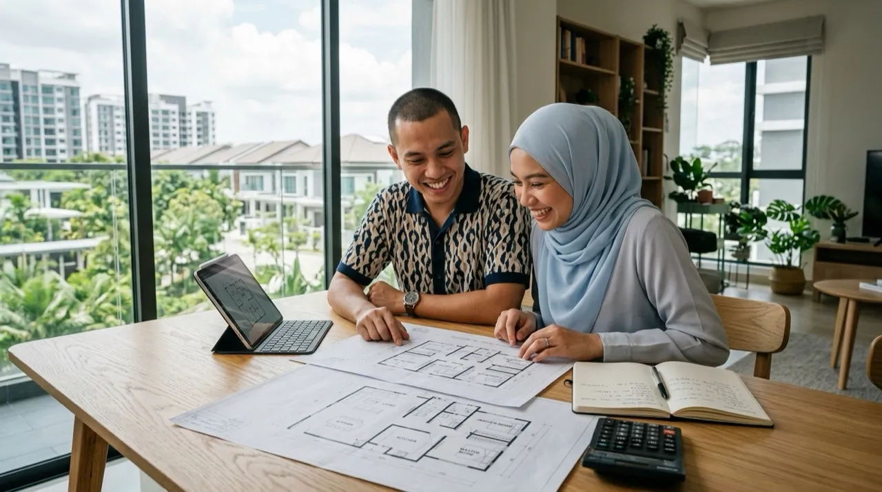 Pasangan suami isteri menyemak pelan lantai dan kiraan DSR gabungan gaji untuk Rumah Selangorku 2027 (Gambar hiasan dijana AI)