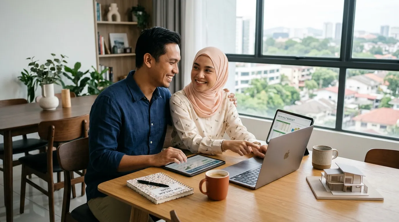 Pasangan muda menyemak jadual kelayakan gaji dan kiraan DSR Rumah Selangorku 2027 (Gambar hiasan dijana AI)