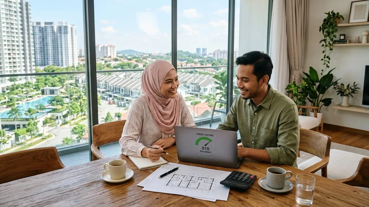Pasangan muda menyemak skor kredit CCRIS dan CTOS pada komputer riba untuk permohonan pinjaman Rumah Selangorku 2027 (Gambar hiasan dijana AI)
