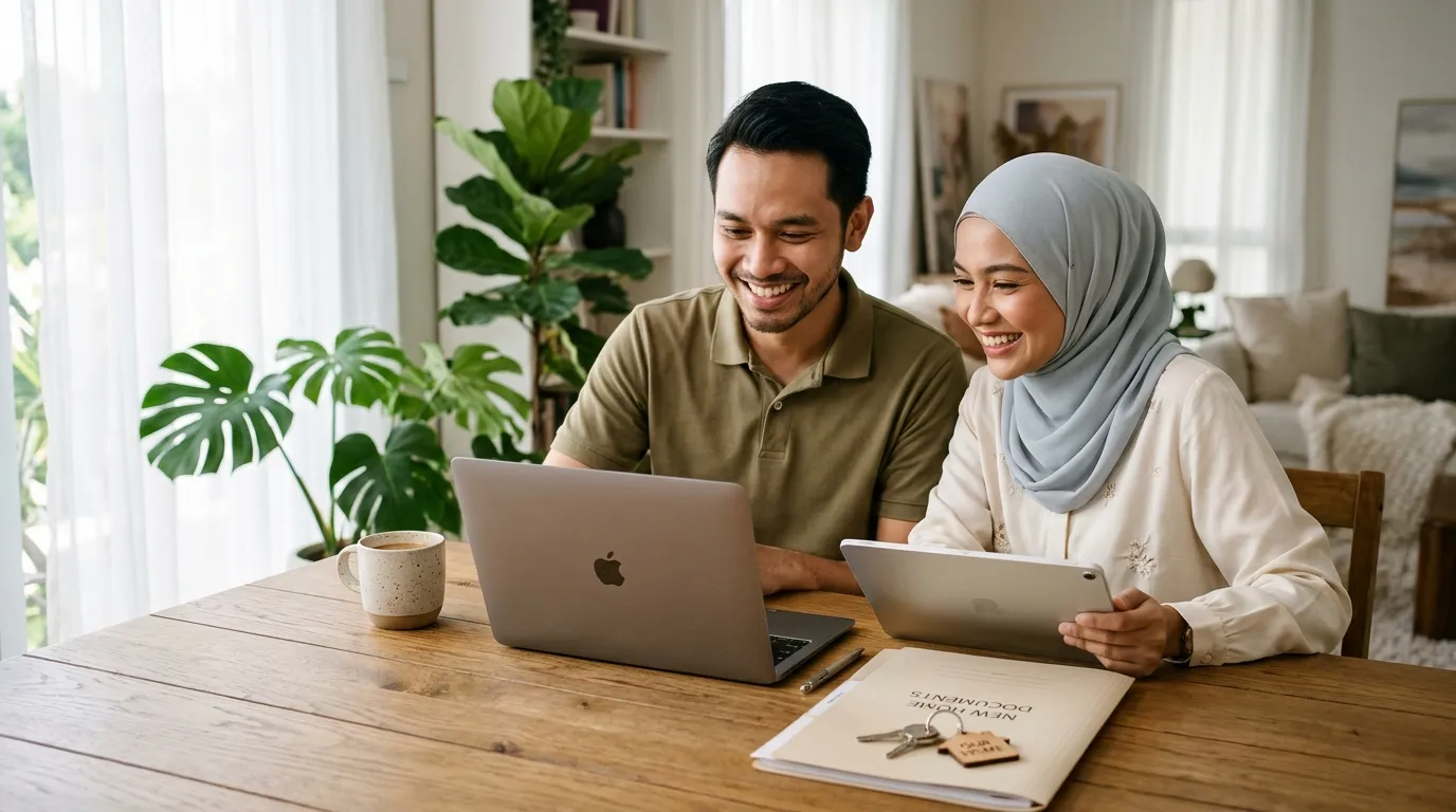 Pasangan muda menyemak status kelulusan permohonan Rumah Selangorku pada komputer riba (Gambar hiasan dijana AI)