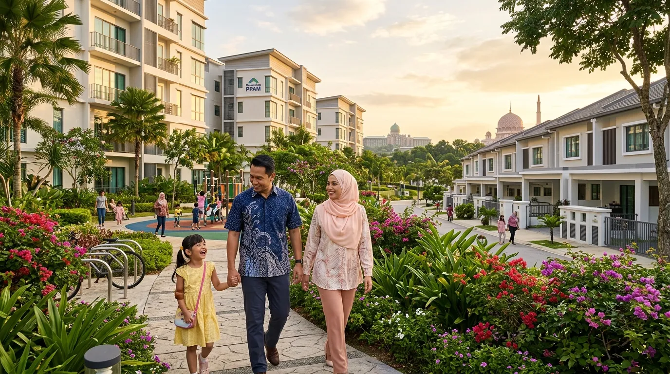 Keluarga penjawat awam Malaysia di hadapan perumahan moden PPAM di Putrajaya dan Selangor (Gambar hiasan dijana AI)
