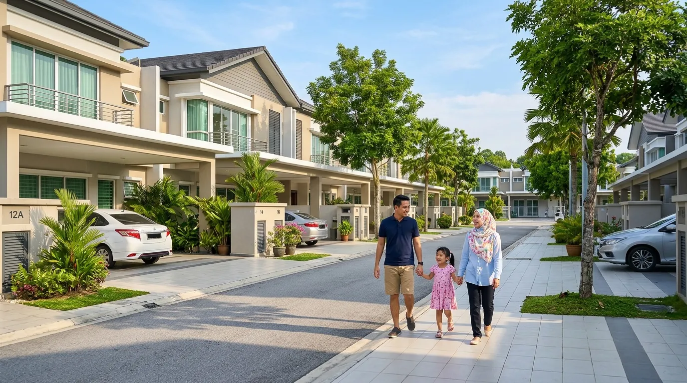 Keluarga berjalan di kawasan perumahan teres mampu milik Rumah Selangorku Landed 2027 (Gambar hiasan dijana AI)