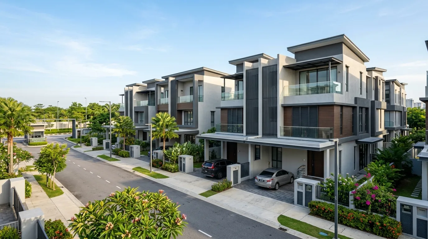 Deretan kediaman moden Rumah Bandar Townhouse mampu milik di Selangor dengan parkir berbumbung (Gambar hiasan dijana AI)