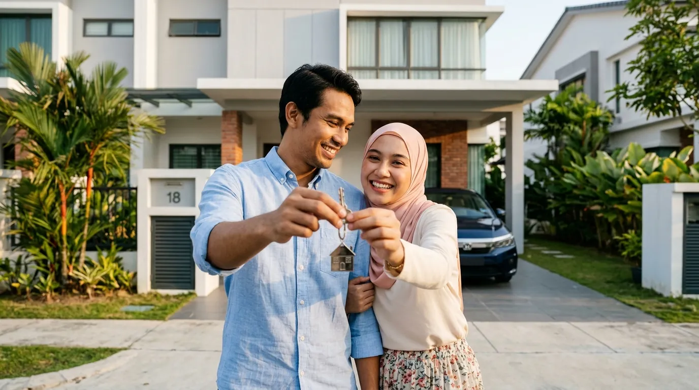 Pasangan muda memegang kunci rumah pertama melalui pembiayaan SJKP Madani 2027 (Gambar hiasan dijana AI)