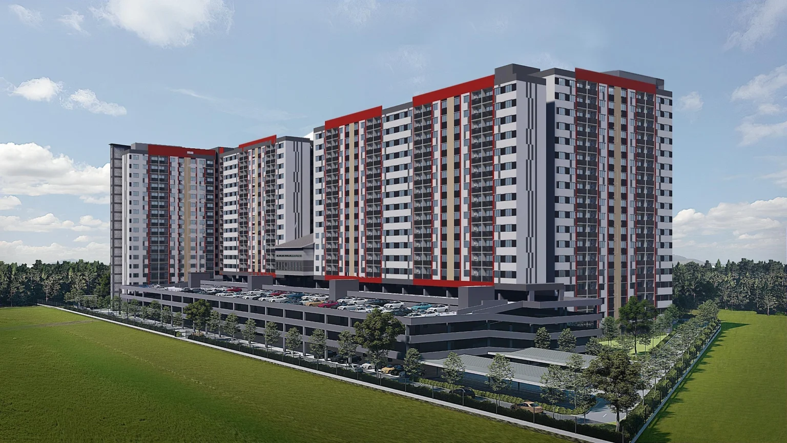 Ilustrasi 3D bangunan Residensi Lestari Fasa 2 di Kota Kemuning dengan fasad putih, kelabu dan merah serta podium parkir.