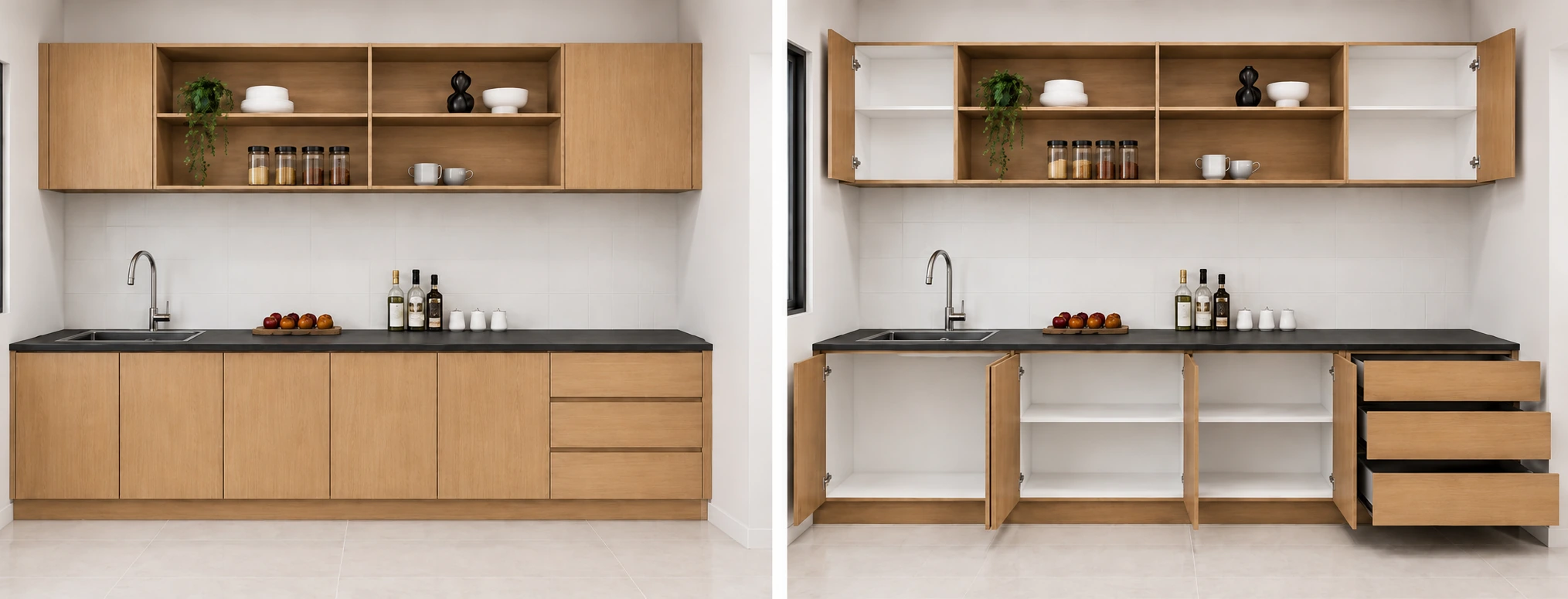 Ilustrasi kabinet dapur kering bawah dan atas pakej naik taraf unit 1,080 kaki persegi
