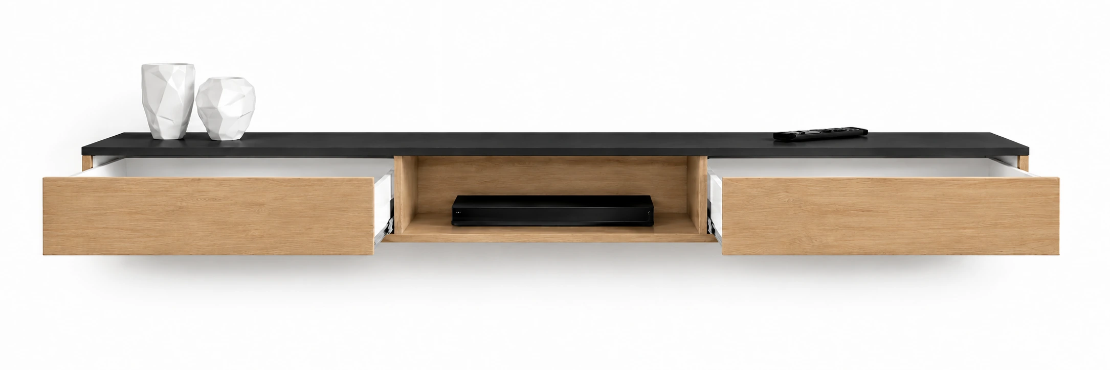Ilustrasi kabinet TV melamin 8 kaki dengan laci soft close