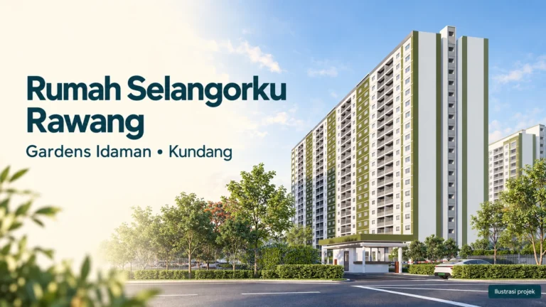 Ilustrasi AI Gardens Idaman di Kundang untuk panduan rumah Selangorku Rawang, menampilkan blok pangsapuri putih dengan aksen hijau zaitun